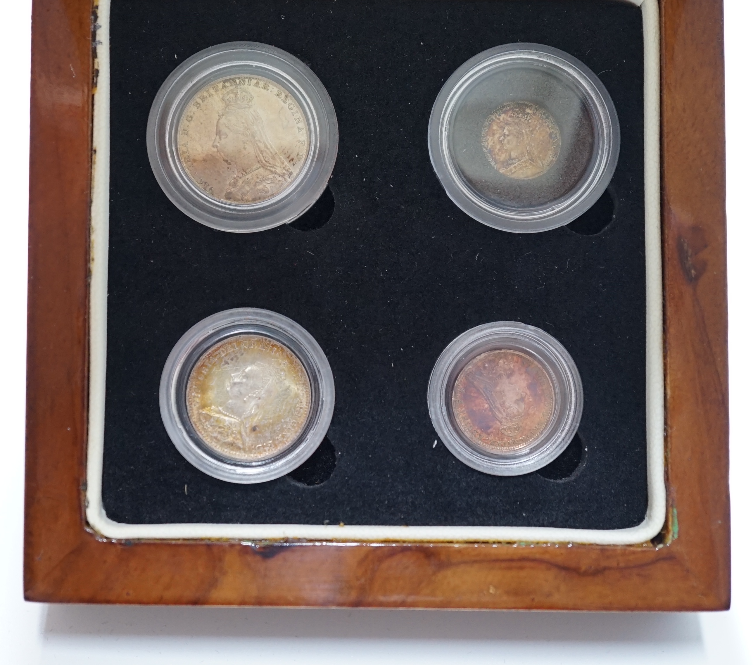 British silver coins, Victoria Jubilee portrait four coin set of Maundy coins 1892, toned UNC, in London mint case